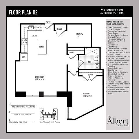 Floor plan for 1 bed, 1 bath, 746 sqft